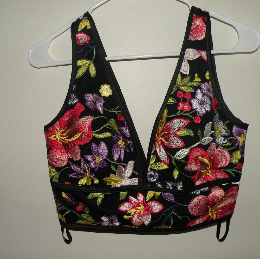 Embroider Crop Top by GB, Size Small, Black with Multicolor Flowers